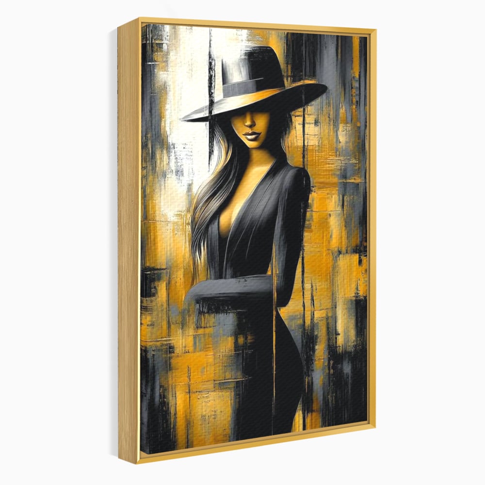 Tablou canvas cu tablou canvas cu silueta feminina si palarie, in rama de aluminiu auriu
